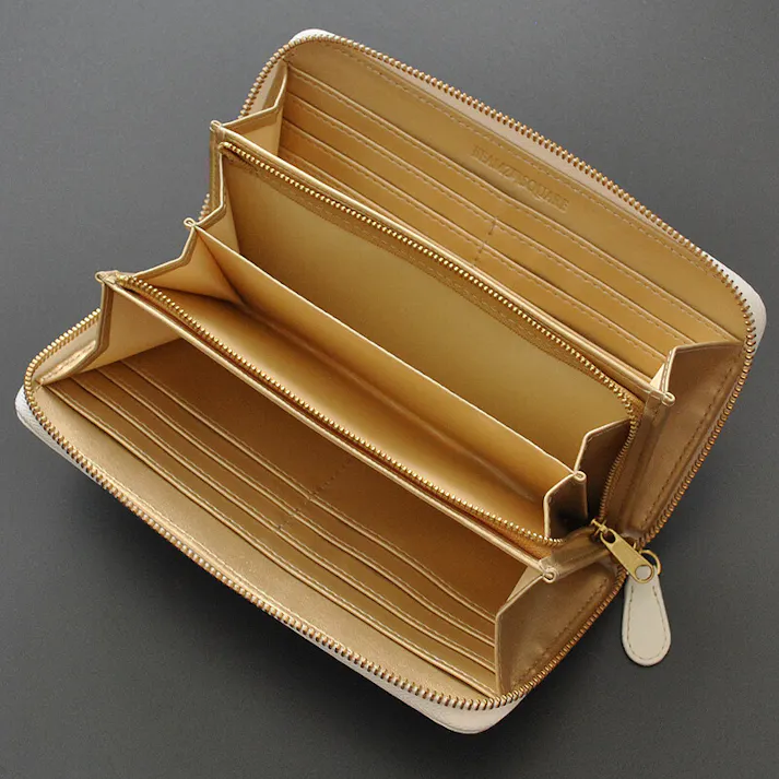 マットホワイト×ゴールドカラー 牛革ラウンドファスナー長財布 BS-15805WH【BEAMZSQUARE】/風水/金運/ホワイト #flc-bs-15805wh