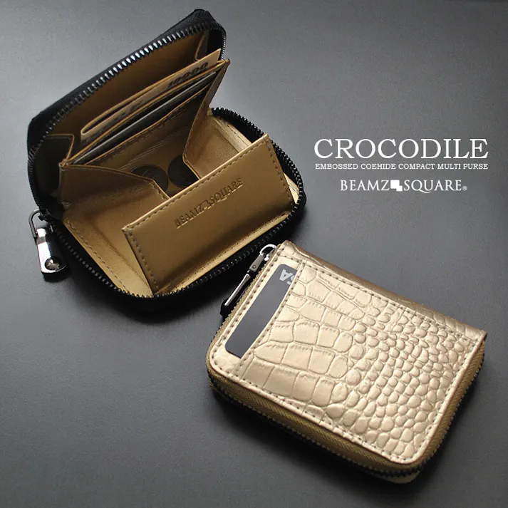 クロコ型押し牛革コインケース BS-3158 【BEAMZSQUARE】/風水/金運/ラウンドファスナー #flc-bs-3158gd
