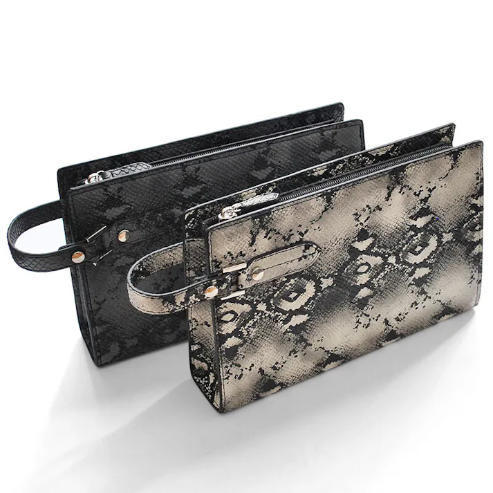 フェイクレザーパイソン柄メンズクラッチバッグ No.2615H/ブラック・ホワイト #flc-no.2615h-bkwh