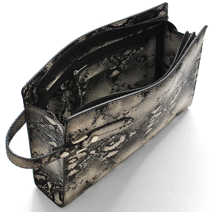 フェイクレザーパイソン柄メンズクラッチバッグ No.2615H/ブラック・ホワイト #flc-no.2615h-bkwh