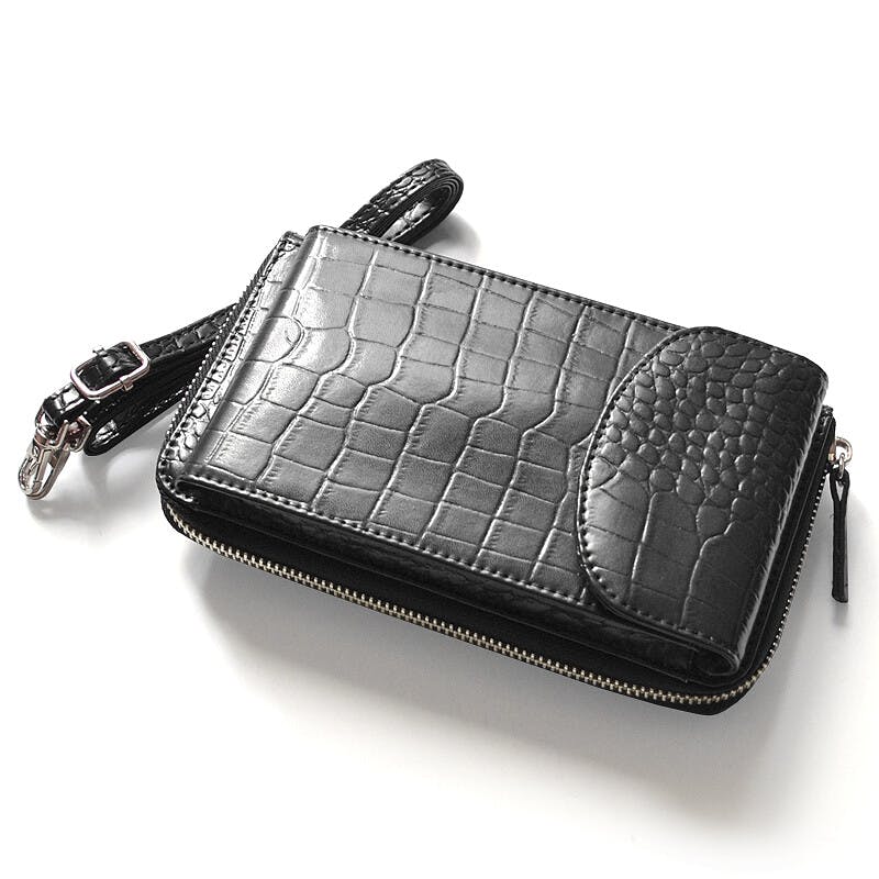 牛革クロコ型押し財布機能付きスマートフォンポーチ No.3170　レディースポシェット／ブラック ＃flc-no.3170bk 紳士財布