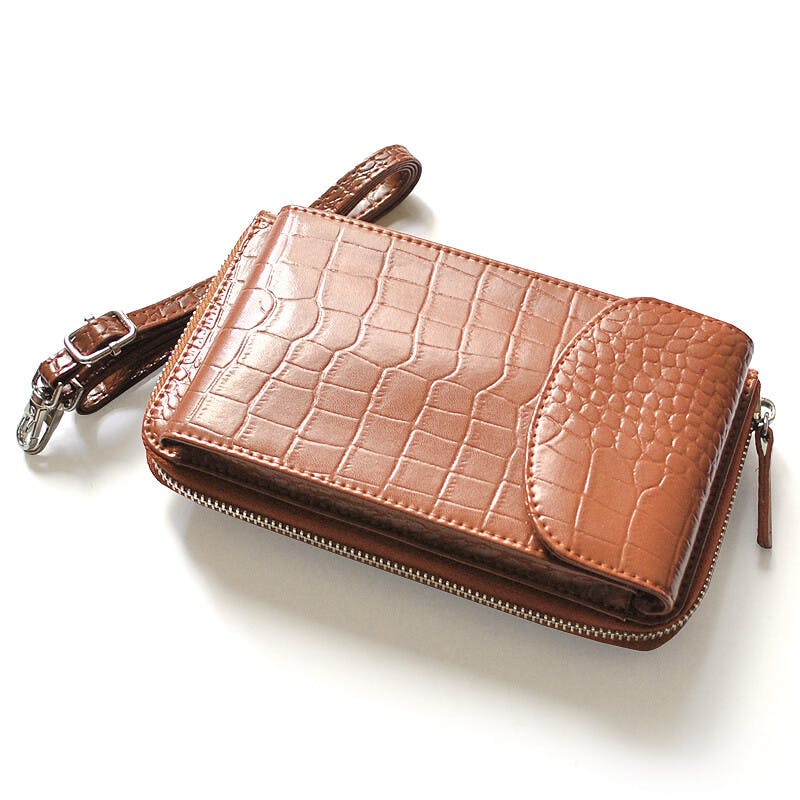 牛革クロコ型押し財布機能付きスマートフォンポーチ No.3170　レディースポシェット／キャメル ＃flc-no.3170cam 紳士財布