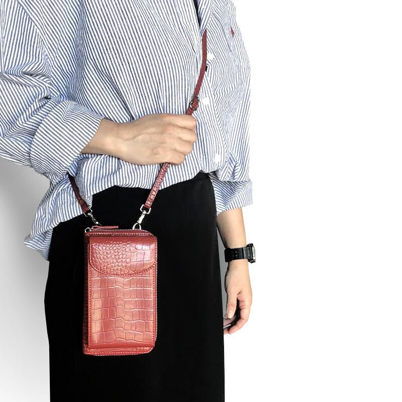 牛革クロコ型押し財布機能付きスマートフォンポーチ No.3170　レディースポシェット／レッド ＃flc-no.3170rd 紳士財布