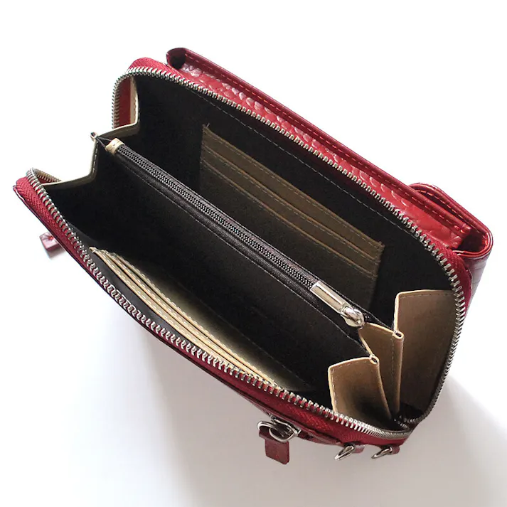 牛革クロコ型押し財布機能付きスマートフォンポーチ No.3170 レディースポシェット/レッド #flc-no.3170rd