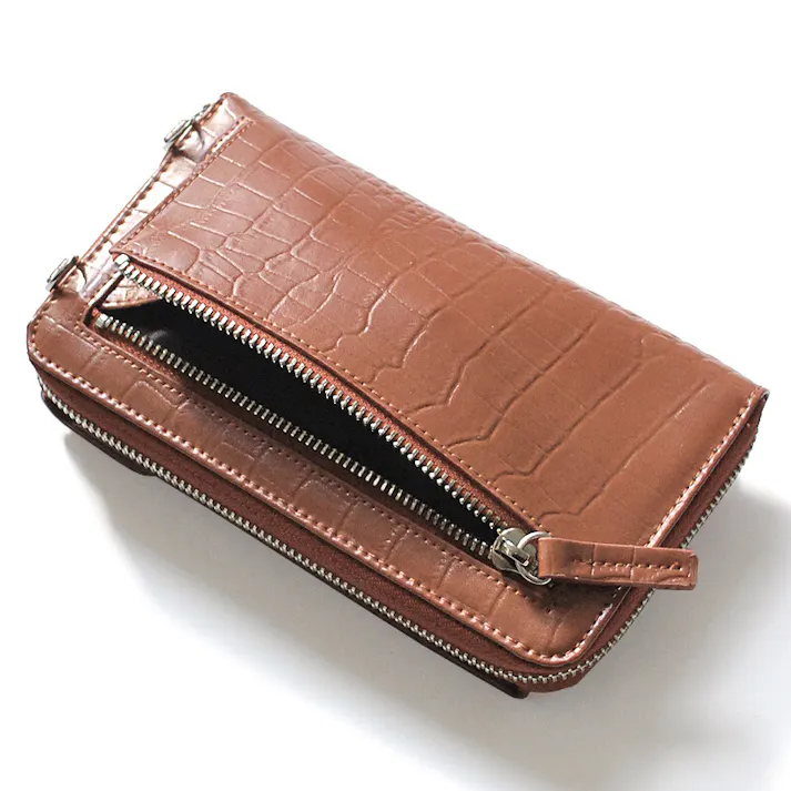 牛革クロコ型押し財布機能付きスマートフォンポーチ No.3170 レディースポシェット/レッド #flc-no.3170rd