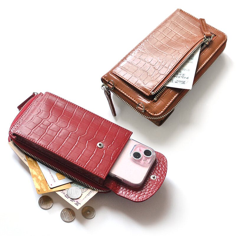 牛革クロコ型押し財布機能付きスマートフォンポーチ No.3170
