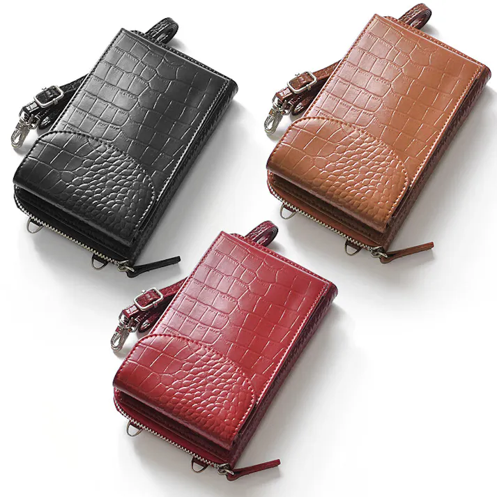 牛革クロコ型押し財布機能付きスマートフォンポーチ No.3170 レディースポシェット/レッド #flc-no.3170rd