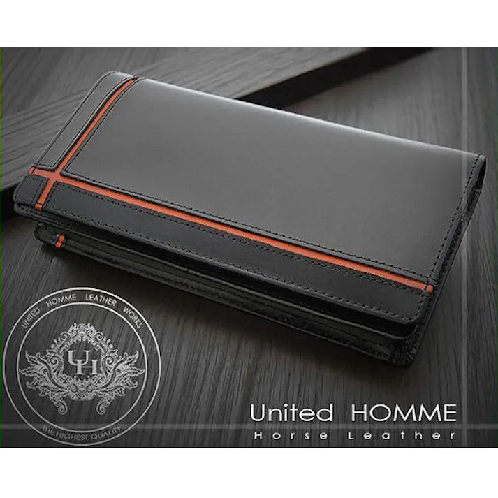 馬革×牛革クロスラインデザイン紳士長財布 UH-1074 【unitedHOMME】メンズ/オレンジライン #flc-uh-1074-or