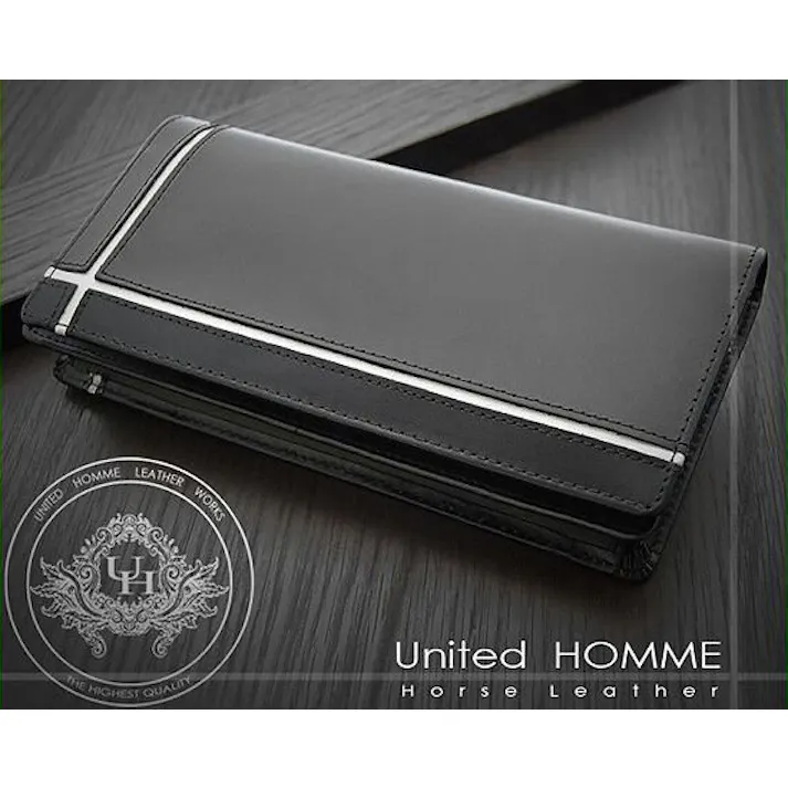 馬革×牛革クロスラインデザイン紳士長財布 UH-1074 【unitedHOMME】メンズ/ホワイトライン #flc-uh-1074-wh
