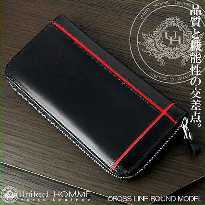 馬革×牛革クロスラインデザインラウンドファスナー 長財布 UH-1182 【unitedHOMME】レッドライン #flc-uh-1182-rd