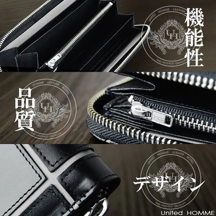 馬革×牛革クロスラインデザインラウンドファスナー 長財布 UH-1182 【unitedHOMME】ホワイトライン #flc-uh-1182-wh