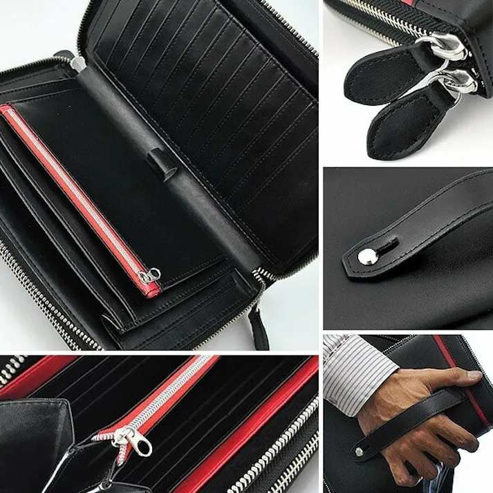 馬革クロスラインデザインダブルラウンドファスナー クラッチバッグ UH-1766 【unitedHOMME】レッドライン #flc-uh-1766rd