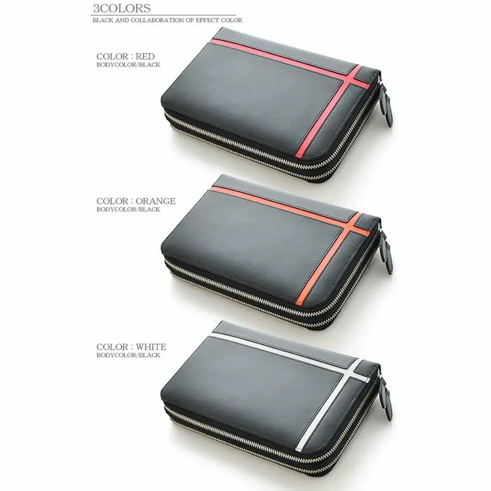 馬革クロスラインデザインダブルラウンドファスナー クラッチバッグ UH-1766 【unitedHOMME】レッドライン #flc-uh-1766rd