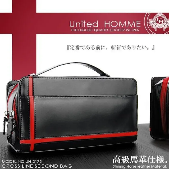 馬革クロスラインセカンドバッグ UH-2175BK メンズポーチ本体ブラック 【unitedHOMME】ブラック・レッドライン #flc-uh-2175bk/rd