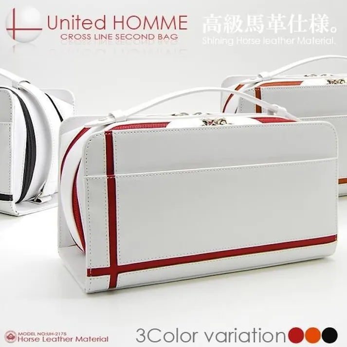 馬革クロスラインセカンドバッグ UH-2175WH メンズポーチ本体ホワイト 【unitedHOMME】ホワイト・レッドライン #flc-uh-2175wh/rd