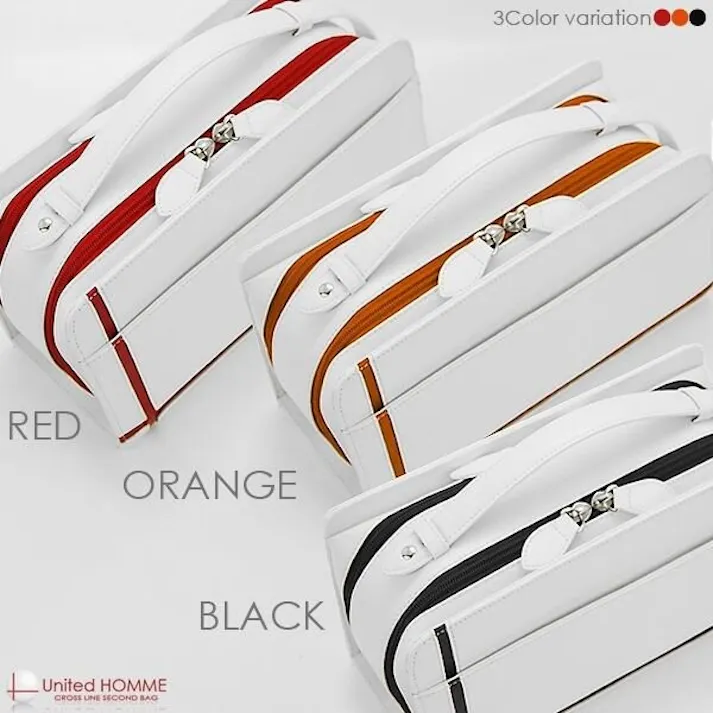 馬革クロスラインセカンドバッグ UH-2175WH メンズポーチ本体ホワイト 【unitedHOMME】ホワイト・レッドライン #flc-uh-2175wh/rd