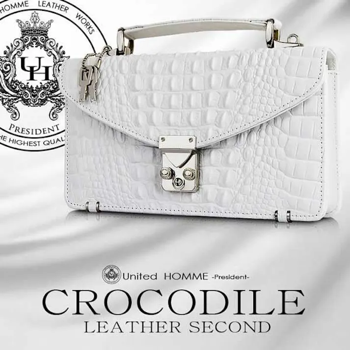 クロコダイル型押し牛革セカンドバッグ UHP-2221 【United HOMME】クラッチバッグ/ホワイト #flc-uhp-2221wh