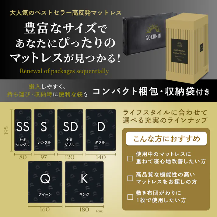 GOKUMINマットレス 男のマットレス 高反発マットレス 腰痛 マットレス 195cm 厚さ5cm セミシングル シングル セミダブル ダブル クイーン ベッドマットレス シングルマットレス マットレストッパー ウレタンマットレス