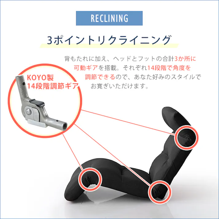 日本製リクライニング座椅子(布地)14段階調節ギア、転倒防止機能付き Moln-モルン- Down type/カラー:ネイビー/ #sh-07-mol-d--nv---lf2 4535306170226【送料込み】