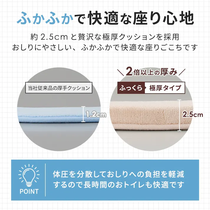 【座り心地の良い極厚便座クッション(ライトグレー)】 ちあふるひんやりしない 吸着タイプ 洗える 抗菌防臭 厚手 クッション 省エネJAN:4989409096455