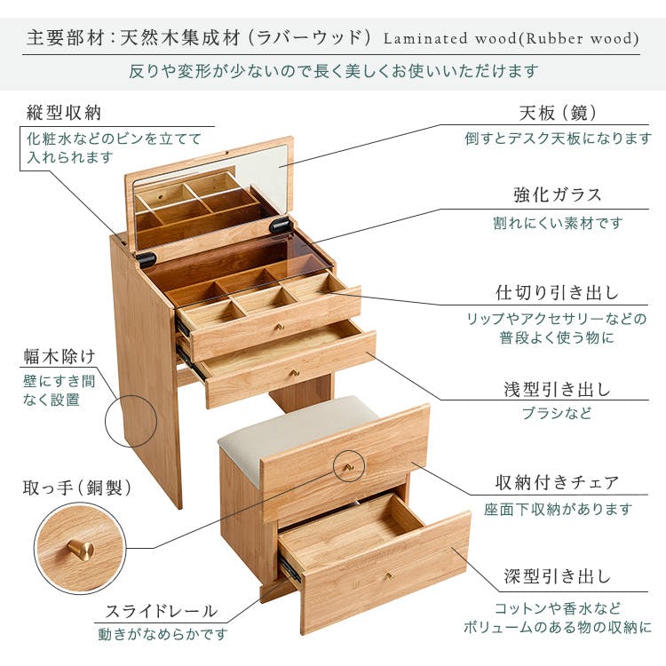 チェア付き コンパクトマルチ収納ドレッサー 【Lund-ルンド-】／カラー