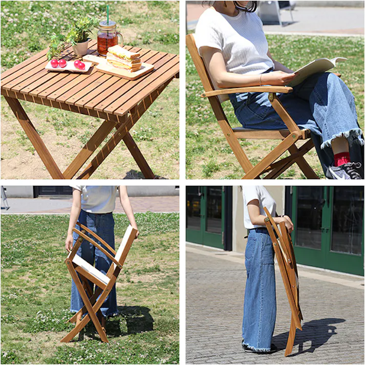 折りたたみガーデンテーブル・チェア肘付き(3点セット)人気素材のアカシア材を使用 Yuel-ユエル-/カラー:ブラウン/ #sh-01-yel3-gr--br---lf2 【4535306170851】