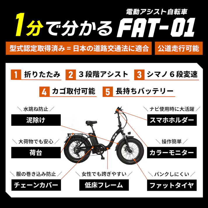 型式認定取得・公道走行可能!ファットバイクタイプ電動アシスト自転車:FAT-01(カーキ)