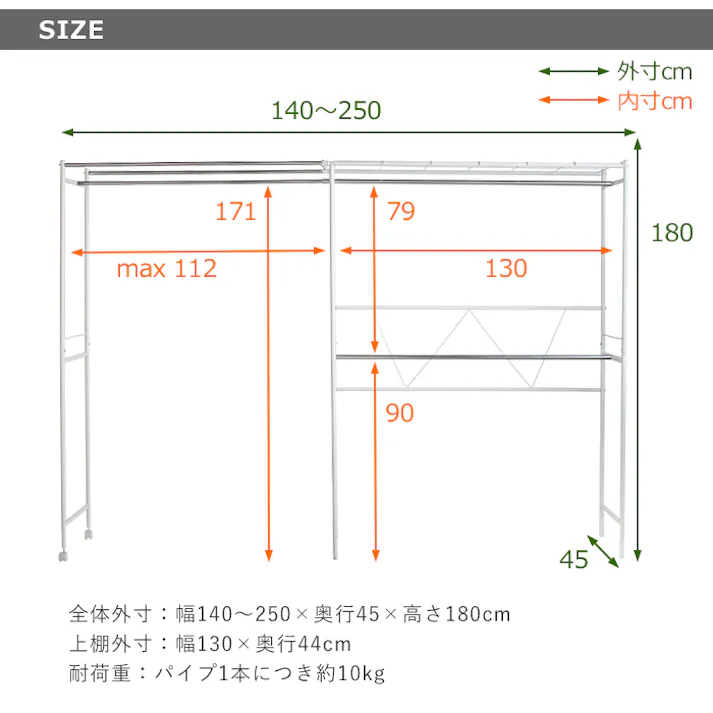 ハンガーラック ワイドクローゼット キャスター付き 壁面収納 伸縮式 スチール おしゃれ スリム 組み立て式 収納 洋服 洋服掛け 棚 シェルフ 洋服掛けラック