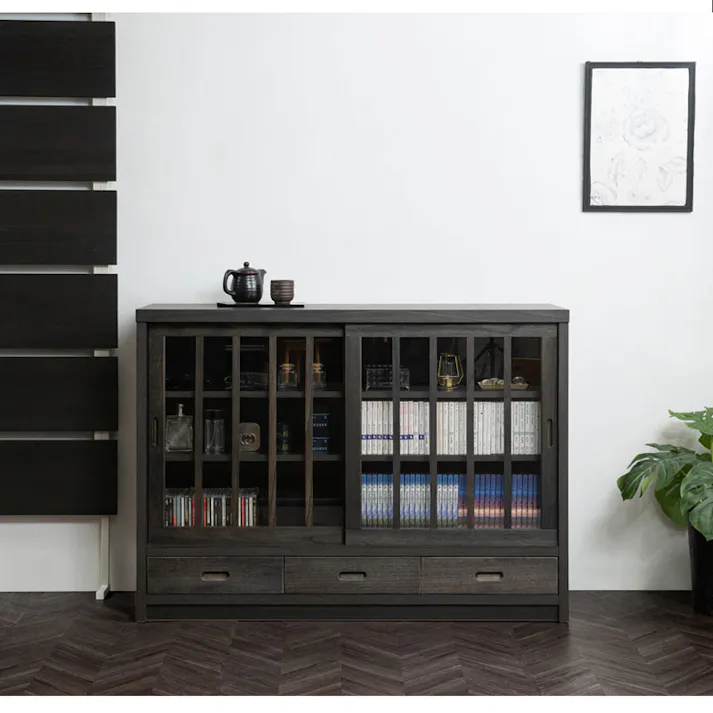 【京】 幅120.5 奥行38 高さ87cm 格子タイプ ブラック 桐 完成品 日本製 国産 キャビネット A4 A4収納 リビング うづくり仕上げ 木目 木製 引戸 引き戸 省スペース 和風キャビネット 収納 引き戸 ディスプレイ棚 モダン 和 みやこ