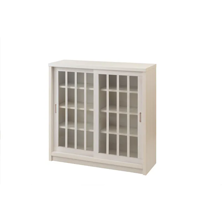 【Tatis】幅90.5 奥行30 高さ86.5 天然木桐材の格子ガラス引戸キャビネット カウンター下収納 キッチン収納 ホワイト 日本製 国産 完成品 木製 桐