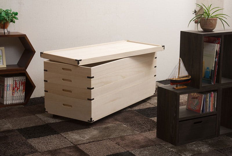 キャスター付き桐衣装箱4段 浅浅浅深型 隅金具付 桐衣装ケース4段 高級