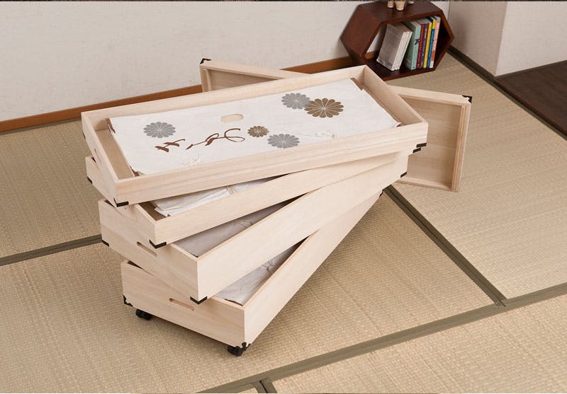 キャスター付き桐衣装箱4段 浅浅深深型 隅金具付 桐衣装ケース4段 高級
