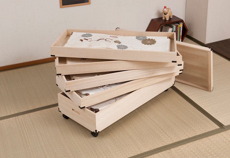 キャスター付き桐衣装箱5段 浅浅浅浅深型 隅金具付 桐衣装ケース5段