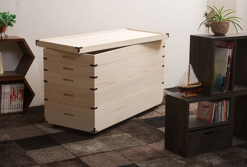 キャスター付き桐衣装箱5段 浅浅浅深深型 隅金具付 桐衣装ケース5段