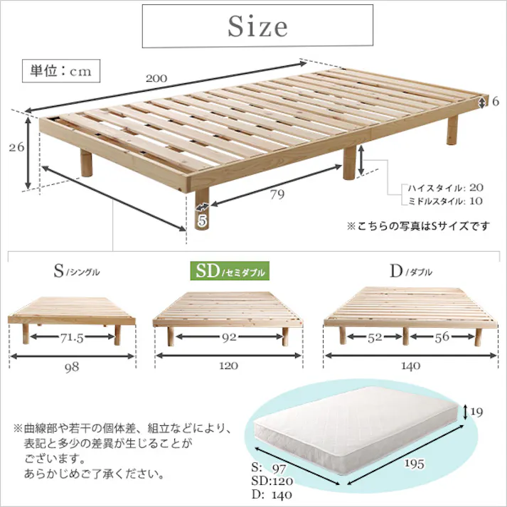 すのこベッド 3段階高さ調節 国産総檜 脚付き【Pierna-ピエルナ-】(ポケットコイルロールマットレス付き)(セミダブル)/カラー:ナチュラル/ 組立 #ou-lhk-hrm-sd--na【4535306180751】※ベッドフレーム+マットレスのセット(布団、枕等は付属しません)【送料込み】