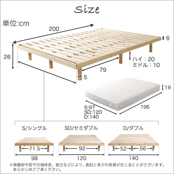 すのこベッド 3段階高さ調節 脚付き (ダブル) 【Lilitta-リリッタ-】(ポケットコイルロールマットレス付き)/カラー:ナチュラル/ 組立 #ou-lps-hrm-d--na 【4535306180638】※フレーム+マットレスのセット(布団、枕等は付属しません)【送料込み】