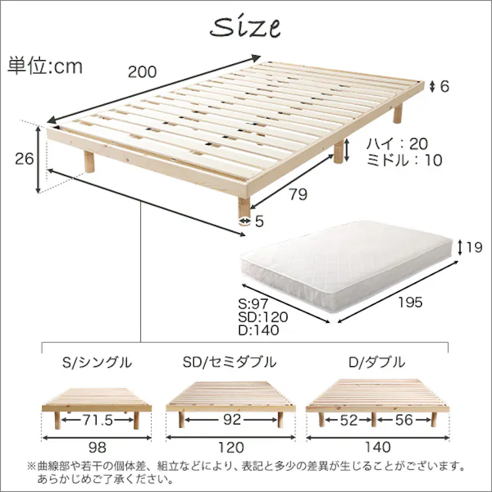 すのこベッド 3段階高さ調節 脚付き(セミダブル)【Lilitta-リリッタ-】(ポケットコイルロールマットレス付き)/カラー:ホワイトウォッシュ/ 組立 #ou-lps-hrm-sd--whw 【4535306180614】※フレーム+マットレスのセット(布団、枕等は付属しません)【送料込み】