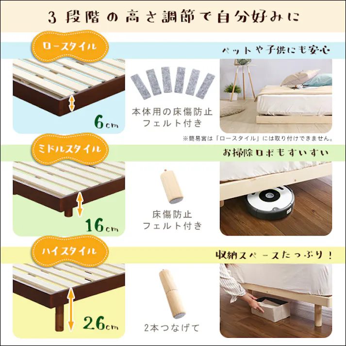 すのこベッド 【簡易宮セット】 パイン材 高さ3段階調整脚付き (セミダブル)【Lilitta-リリッタ-】/カラー:ナチュラル/ 組立 #ou-lps-tn-01sd--na 【4535306188573】※フレームのみ(マットレス、布団、枕等は付属しません)【送料込み】