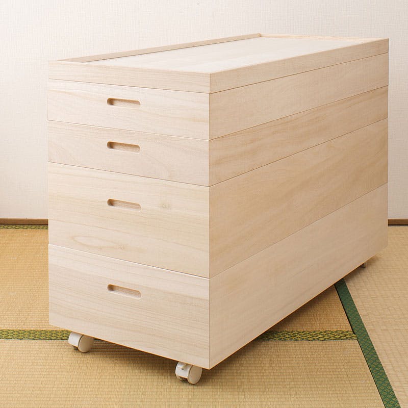 桐スタッキング収納ボックス浅3深1 キャスター付き 大川家具日本製