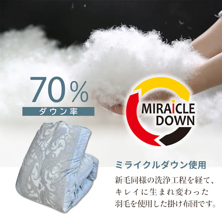 日本製 羽毛布団 丸八真綿 防ダニ加工 シングル ミライクルダウン使用 柄おまかせ エコ 羽毛掛け布団 防ダニ 清潔 安心 150×210cm 1.1kg 羽毛ふとん 羽毛掛けふとん 掛けふとん 羽毛 リサイクル ダウン70% 立体キルト 国産 送料無料 あったか 防寒
