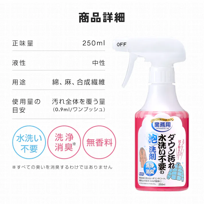【クリーニング屋さんのダウン汚れ水洗い不要の泡洗剤 お得な3個セット】 スプレーして拭き取り簡単 無香料 中性 消臭 衣類ケア ダウン コート 制服 おうちクリーニング ちあふる JAN:4989409102927