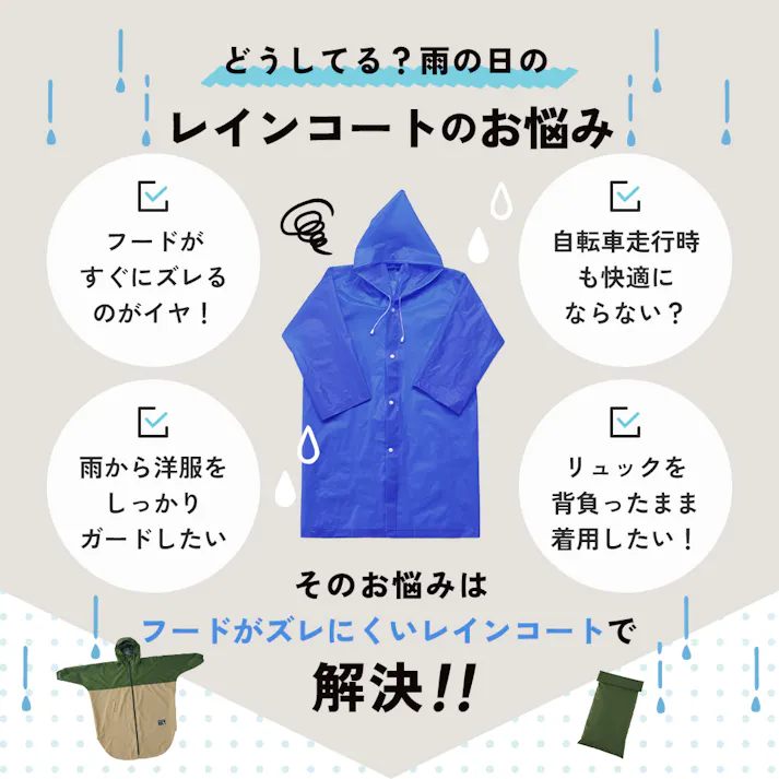 【フードがズレにくいレインコート】 リュックごとカバー ゆったり設計 耐水圧3500mm 撥水 防水テープ 自転車通学 収納ポーチ付き ちあふる JAN:4989409104679