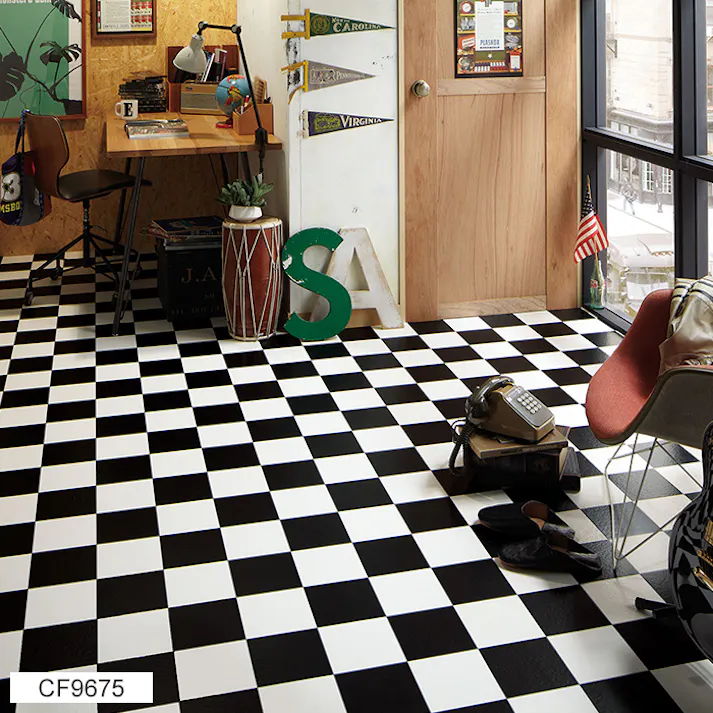 東リ クッションフロア チェッカー 5913 (R) 182cm幅×9m CF9675 パターン アメリカン風 格子 モノクロ 日本製 インテリアショップゆうあい