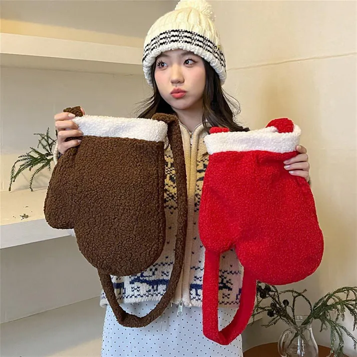 クリスマスバッグ かわいい 赤い手袋 大容量 ショルダーバッグ レデース 漫画 ぬいぐるみ ふわふわ もこもこ 秋冬 パーティー用