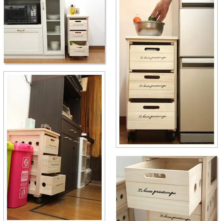 キッチンワゴン キッチンストッカー3段 野菜ストッカー 収納ストッカー 桐 防虫 防湿 天然木 キャスター付き すきま収納 タイル おしゃれ