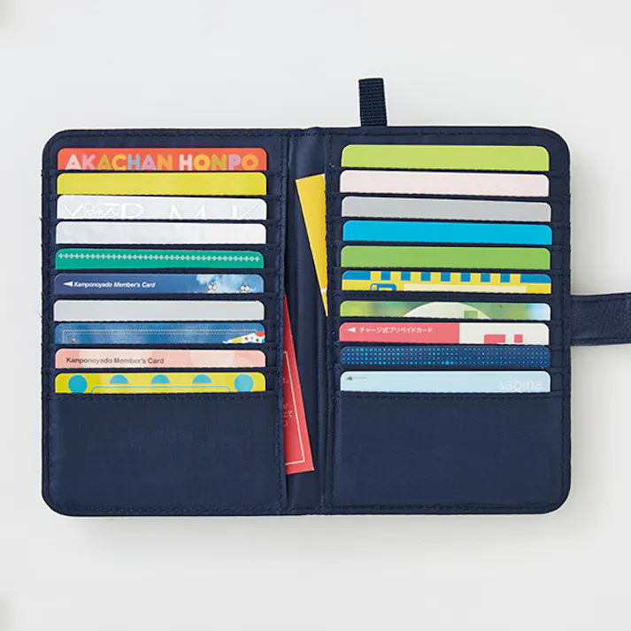 【薄型カードケース レザー調 A-03(ネイビーブルー)】 ちあふる カード20枚すっきり収納 薄型 見開き レザー調 ループ付 携帯便利 JAN:4989409097476