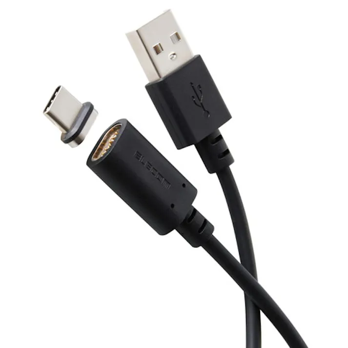 マグネット 充電ケーブル USB-C USB-A 15W 着脱式コネクタ 2m ブラック