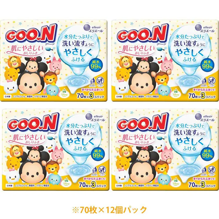 グーン 肌にやさしいおしりふき ディズニーツムツムデザイン 詰替用 70枚×12個パック ×1点【送料込み】 #4902011831931