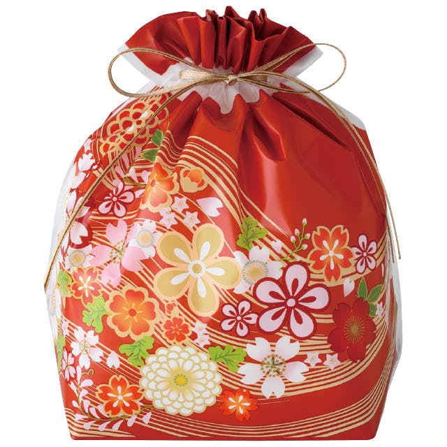 ヘッズ ラッピング袋 巾着 W220×D110×H200mm 赤 20枚 和風PE巾着バッグ 着物柄 HEADS WA-BM1