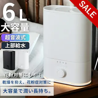 【土日限定セール10%OFF】【限定価格】 加湿器 【花粉対策!】 超音波式 タンク大容量6L 省エネ 上部給水 法人 ホワイト